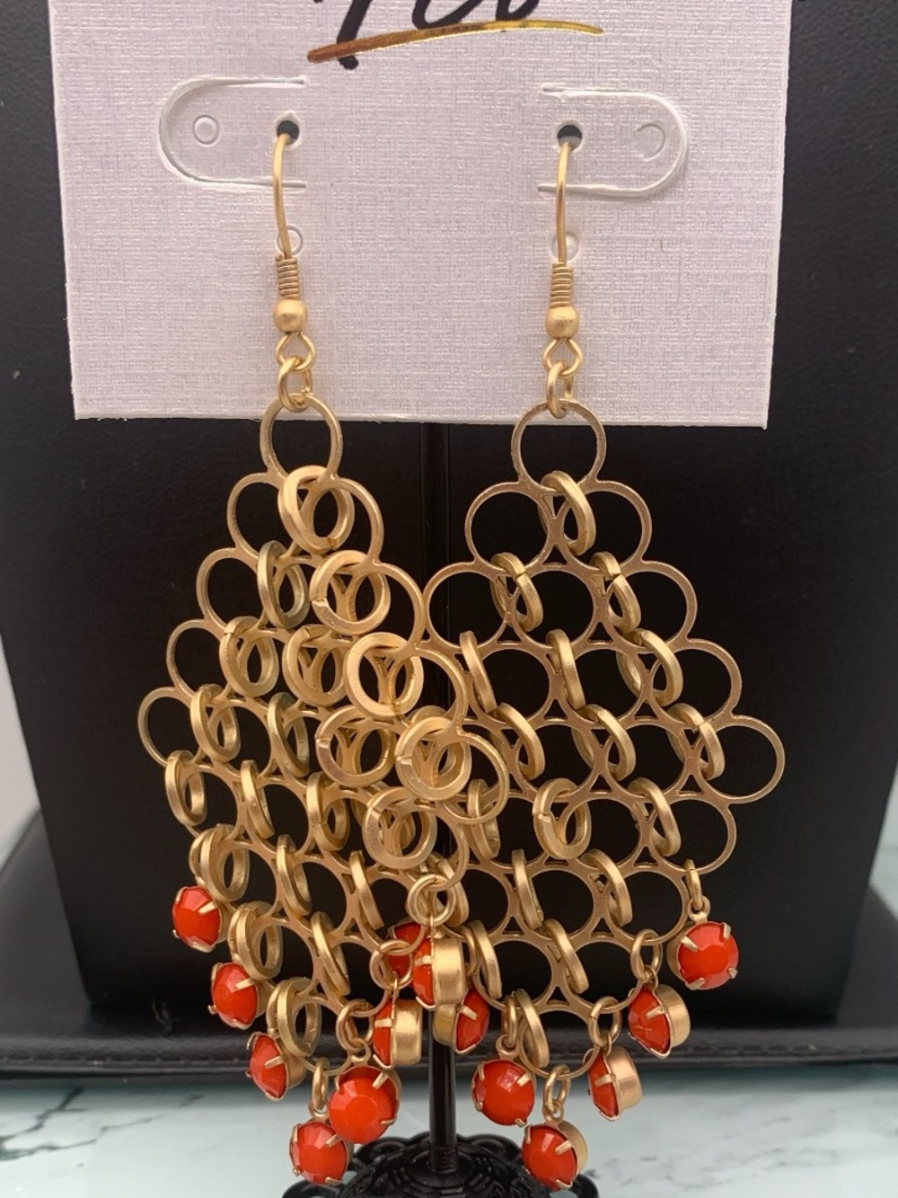 Matte Gold tone Chain-Link chandelier dangle Earrings with orange Bead Drops